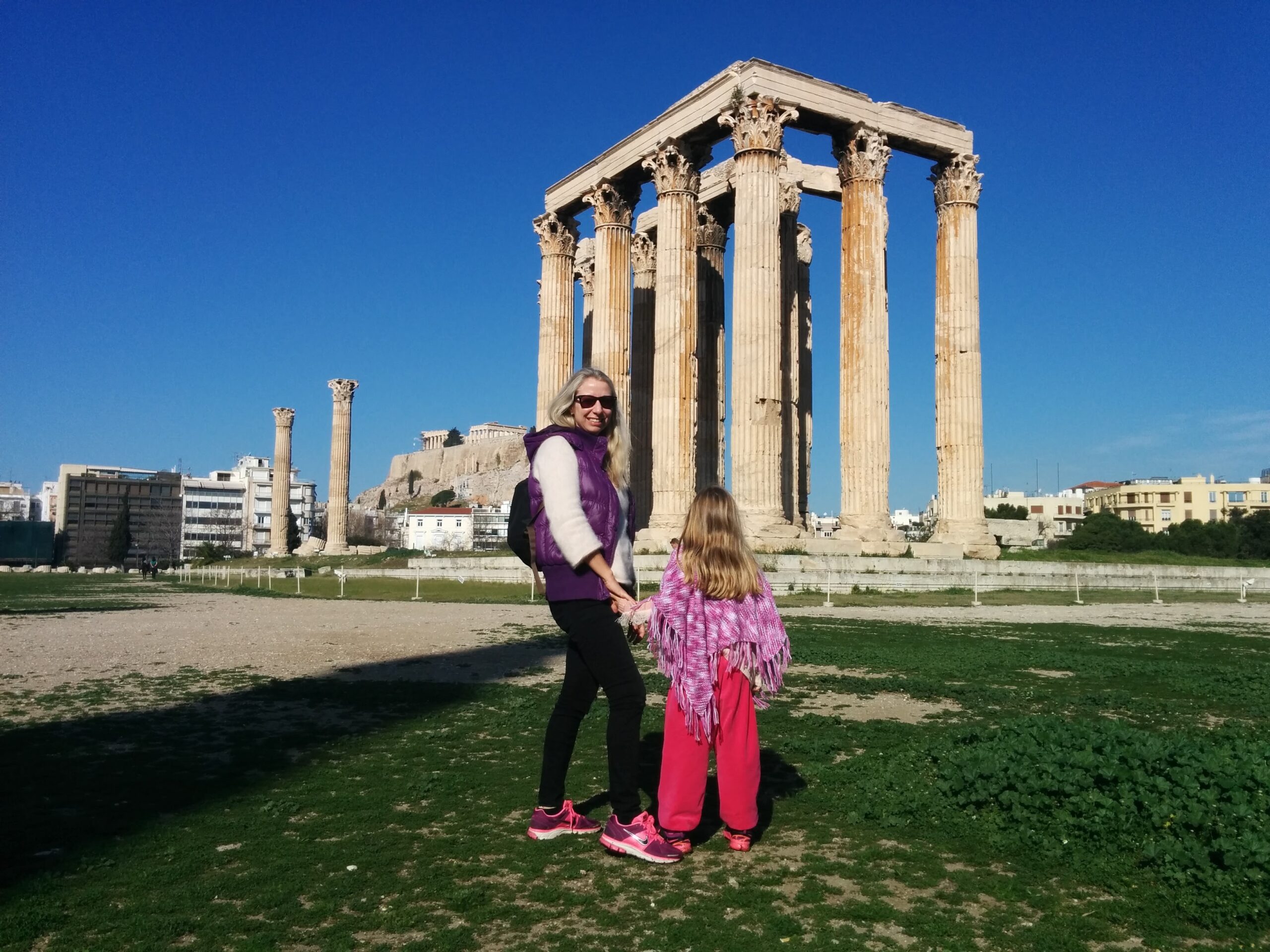 Review of our Mythology Tour in Athens with Kids 1 Mythology Tour in Athens in front of the Olympian Zeus temple mother and daughter