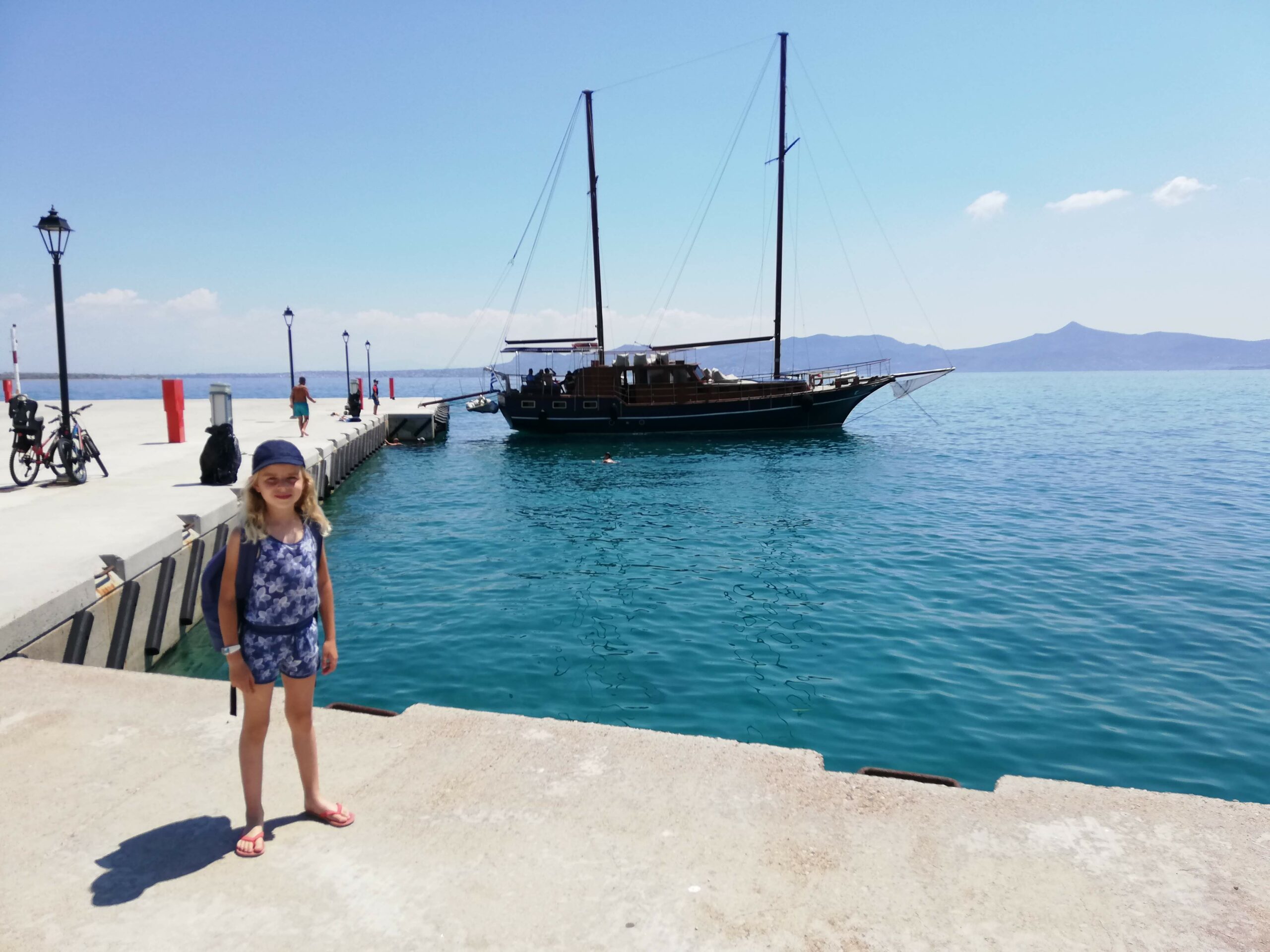 Top things to do in Athens, Greece with children 105 Stefania in front of our wooden sailing boat during a one day excursion to Agistri, Aegina and Aponissos