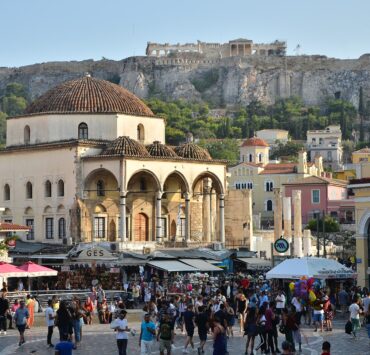 Athens, Greece Monasteraki Square and view on the Acropolis